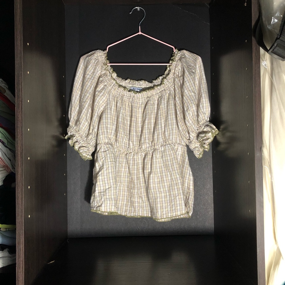 Old Navy Smocked Green Plaid Puff Sleeve Top